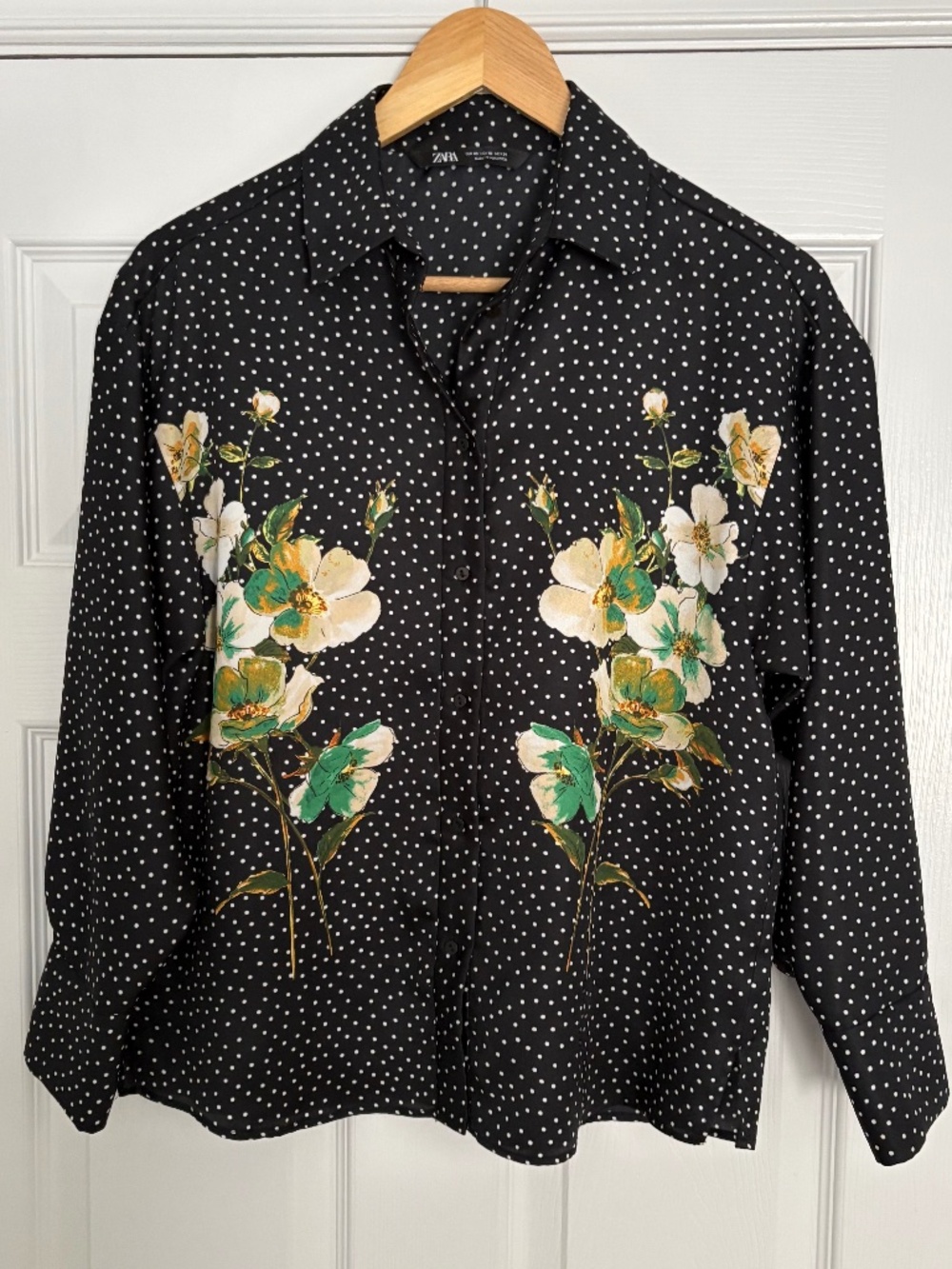 Zara Black Polka Dot Floral Blouse Coquette Whimsigoth Button Up Shirt Sz XS